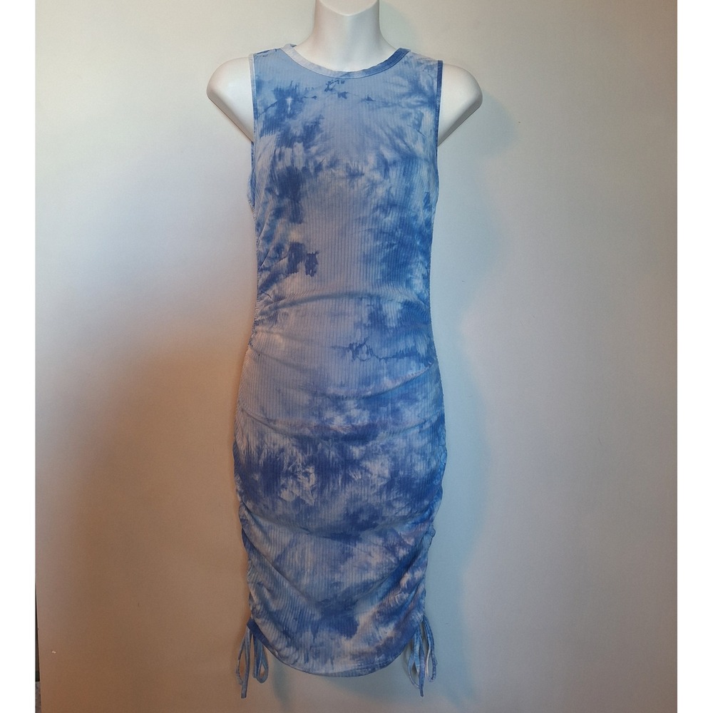 SHEIN Blue Tie Dye Ribbed Ruched Drawstring Bodycon Dress Size Medium US 6